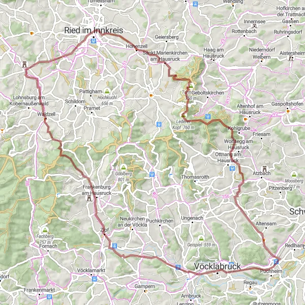 Karttaminiaatyyri "Attnang - Wolfsegg am Hausruck - Attnang" pyöräilyinspiraatiosta alueella Oberösterreich, Austria. Luotu Tarmacs.app pyöräilyreittisuunnittelijalla