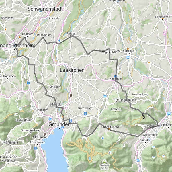 Miniatua del mapa de inspiración ciclista "Ruta Escénica desde Attnang hasta Wankham" en Oberösterreich, Austria. Generado por Tarmacs.app planificador de rutas ciclistas