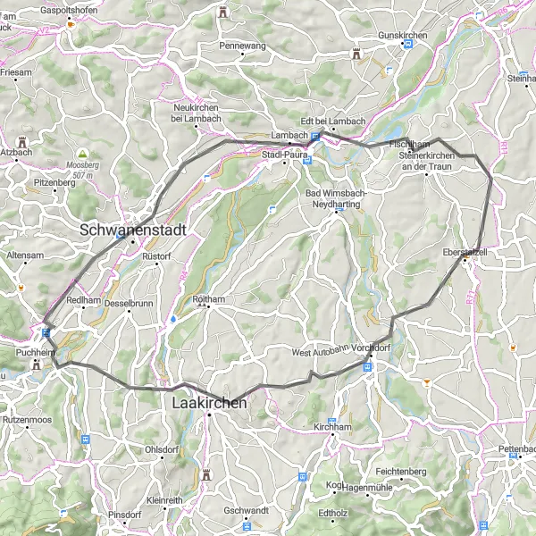 Miniatua del mapa de inspiración ciclista "Ruta a Laakirchen" en Oberösterreich, Austria. Generado por Tarmacs.app planificador de rutas ciclistas