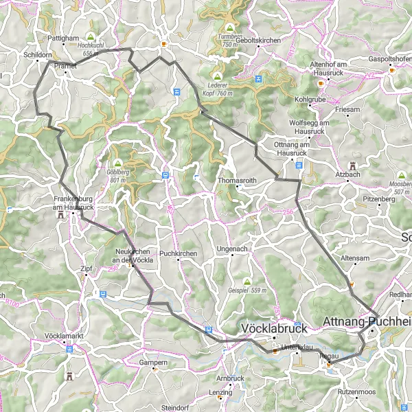 Mapa miniatúra "Výlet okolo Attnangu" cyklistická inšpirácia v Oberösterreich, Austria. Vygenerované cyklistickým plánovačom trás Tarmacs.app