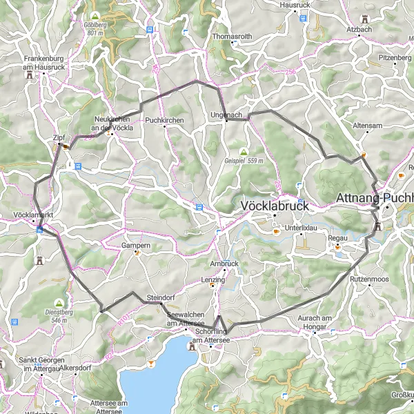 Miniaturní mapa "Okružní cyklotrasa kolem Attnangu" inspirace pro cyklisty v oblasti Oberösterreich, Austria. Vytvořeno pomocí plánovače tras Tarmacs.app