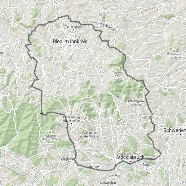 Miniatua del mapa de inspiración ciclista "Ruta Desafiante desde Attnang hasta Aussichtsturm Luisenhöhe" en Oberösterreich, Austria. Generado por Tarmacs.app planificador de rutas ciclistas