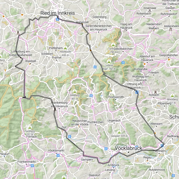 Zemljevid v pomanjšavi "Krožna kolesarska pot okoli Attnanga" kolesarske inspiracije v Oberösterreich, Austria. Generirano z načrtovalcem kolesarskih poti Tarmacs.app