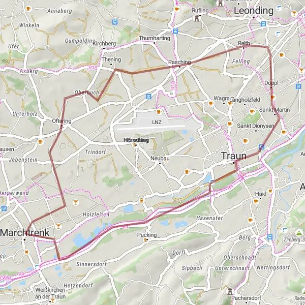 Zemljevid v pomanjšavi "Gorska kolesarska pot Au an der Traun - Pucking" kolesarske inspiracije v Oberösterreich, Austria. Generirano z načrtovalcem kolesarskih poti Tarmacs.app