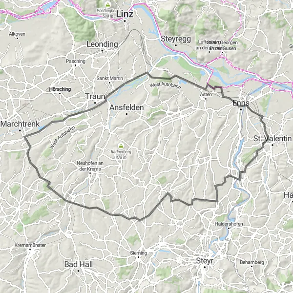 Miniatura mapy "Trasy rowerowe wzdłuż rzeki Traun" - trasy rowerowej w Oberösterreich, Austria. Wygenerowane przez planer tras rowerowych Tarmacs.app