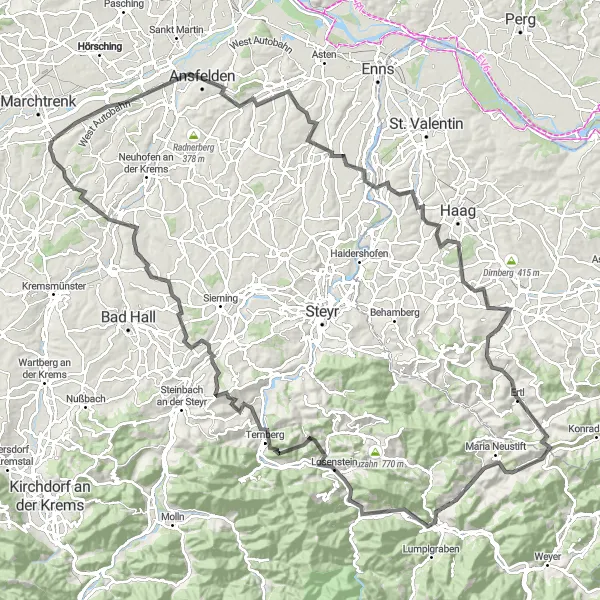 Miniatura della mappa di ispirazione al ciclismo "Incantevole tour attraverso l'Austria superiore" nella regione di Oberösterreich, Austria. Generata da Tarmacs.app, pianificatore di rotte ciclistiche