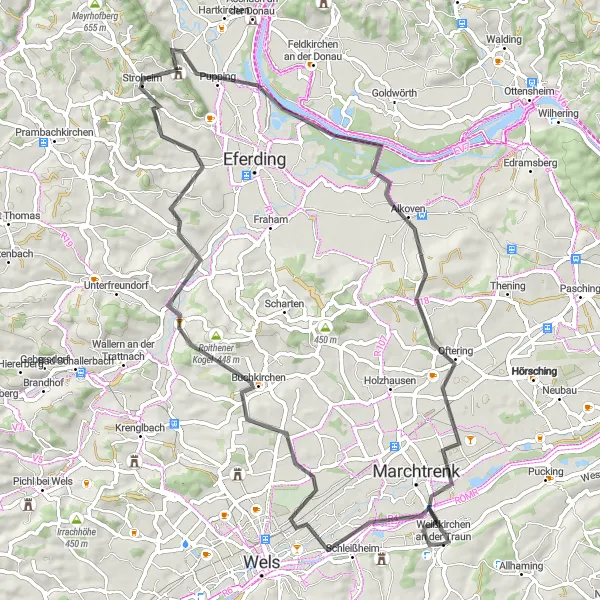 Miniatua del mapa de inspiración ciclista "Schleißheim - Oftering - Marchtrenk Loop" en Oberösterreich, Austria. Generado por Tarmacs.app planificador de rutas ciclistas