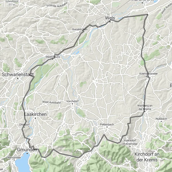 Miniature de la carte de l'inspiration cycliste "Les collines verdoyantes de Gmunden" dans la Oberösterreich, Austria. Générée par le planificateur d'itinéraire cycliste Tarmacs.app
