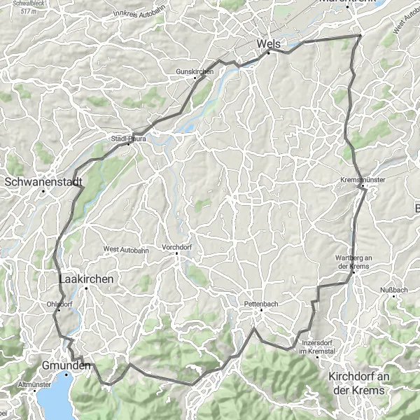 Karten-Miniaturansicht der Radinspiration "Aussichtsreiche Strecke durch Oberösterreich" in Oberösterreich, Austria. Erstellt vom Tarmacs.app-Routenplaner für Radtouren