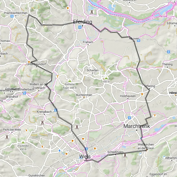 Karten-Miniaturansicht der Radinspiration "Durch grüne Hügel und malerische Dörfer" in Oberösterreich, Austria. Erstellt vom Tarmacs.app-Routenplaner für Radtouren