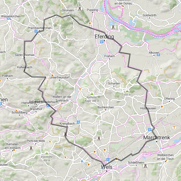 Mapa miniatúra "Jazda cez pamätihodnosti" cyklistická inšpirácia v Oberösterreich, Austria. Vygenerované cyklistickým plánovačom trás Tarmacs.app