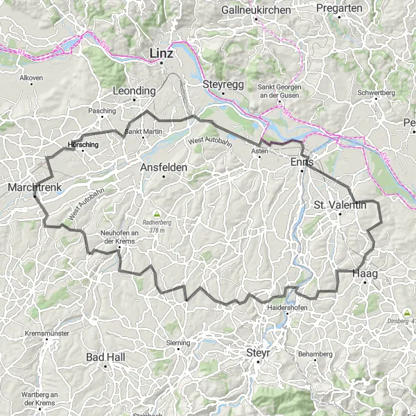 Kartminiatyr av "Kultur- og naturruten gjennom Oberösterreich" sykkelinspirasjon i Oberösterreich, Austria. Generert av Tarmacs.app sykkelrutoplanlegger