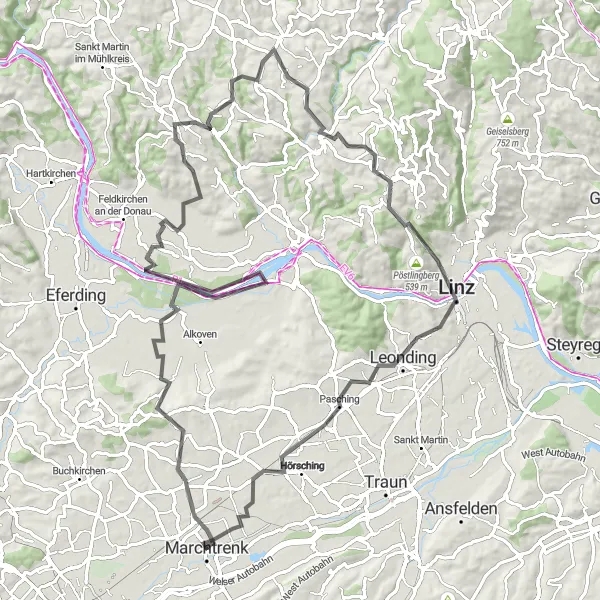 Kartminiatyr av "Feldkirchen-Linz Loop" sykkelinspirasjon i Oberösterreich, Austria. Generert av Tarmacs.app sykkelrutoplanlegger