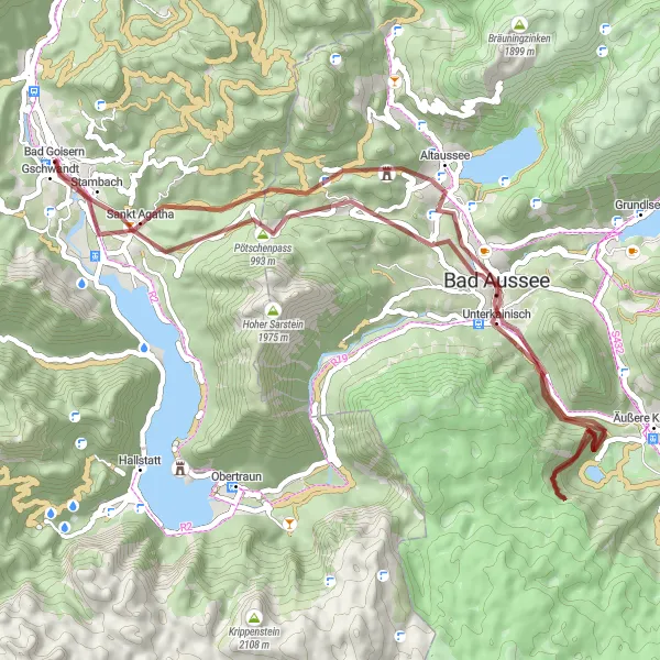Miniaturní mapa "Výzva gravlových cest kolem Altaussee" inspirace pro cyklisty v oblasti Oberösterreich, Austria. Vytvořeno pomocí plánovače tras Tarmacs.app