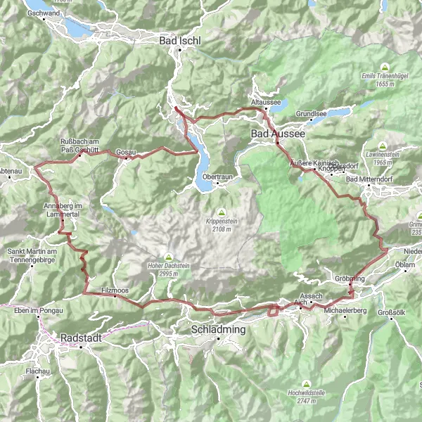 Miniaturní mapa "Gravel cyklotrasa kolem Bad Goisern" inspirace pro cyklisty v oblasti Oberösterreich, Austria. Vytvořeno pomocí plánovače tras Tarmacs.app