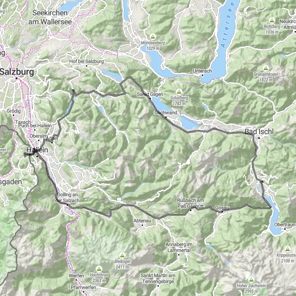 Miniatura della mappa di ispirazione al ciclismo "Tour delle vette austriache" nella regione di Oberösterreich, Austria. Generata da Tarmacs.app, pianificatore di rotte ciclistiche