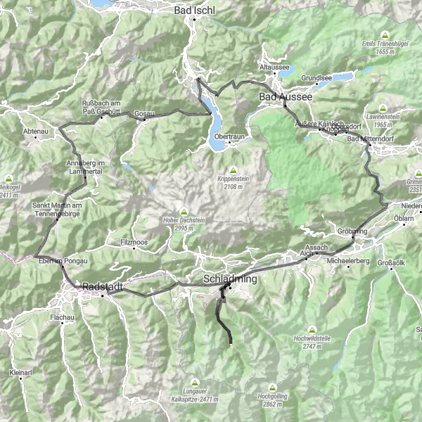 Miniature de la carte de l'inspiration cycliste "La Route Épique de Pötschenpass à Radstadt" dans la Oberösterreich, Austria. Générée par le planificateur d'itinéraire cycliste Tarmacs.app