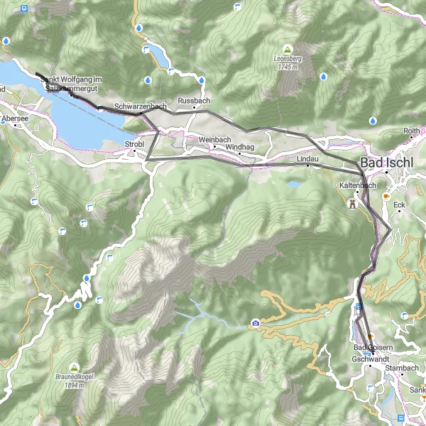 Mapa miniatúra "Jazda okolo jazera Wolfgang" cyklistická inšpirácia v Oberösterreich, Austria. Vygenerované cyklistickým plánovačom trás Tarmacs.app