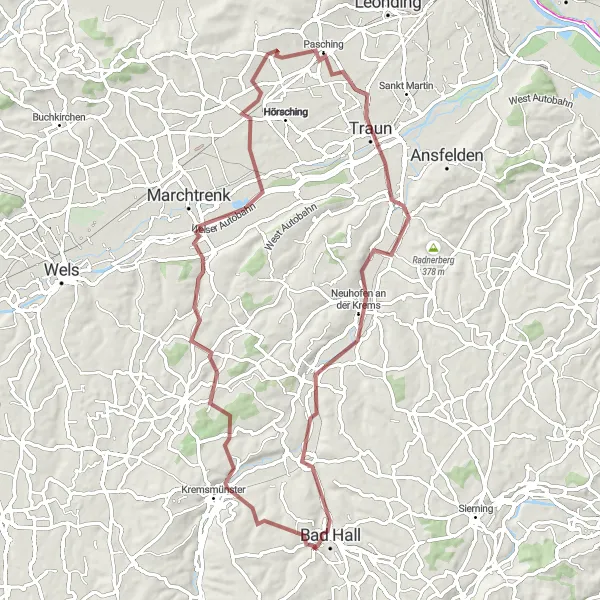 Miniatura della mappa di ispirazione al ciclismo "Giro in bicicletta off-road insieme alla natura" nella regione di Oberösterreich, Austria. Generata da Tarmacs.app, pianificatore di rotte ciclistiche