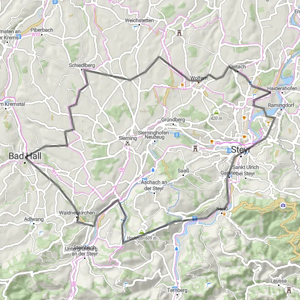 Map miniature of "Steyr Valley Loop" cycling inspiration in Oberösterreich, Austria. Generated by Tarmacs.app cycling route planner