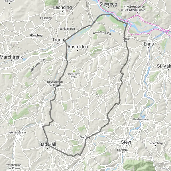 Miniatura della mappa di ispirazione al ciclismo "Itinerario dei Castelli Medioevali" nella regione di Oberösterreich, Austria. Generata da Tarmacs.app, pianificatore di rotte ciclistiche
