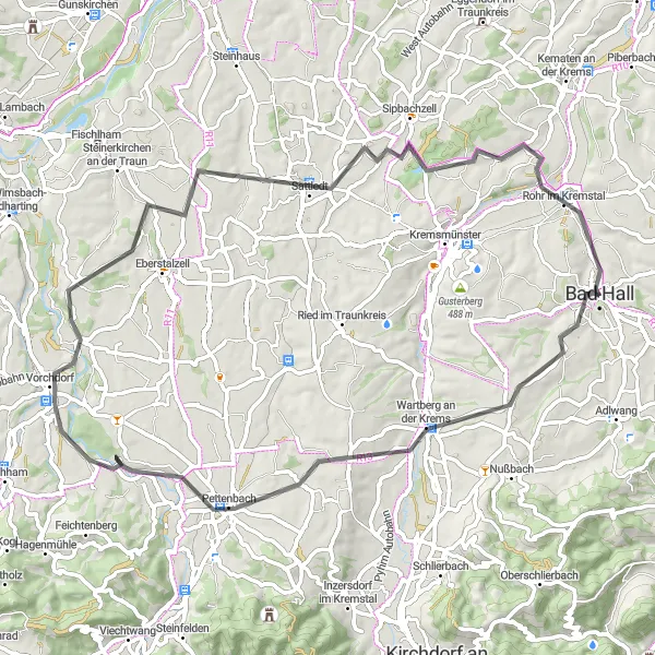 Map miniature of "Pfarrkirchen Tour" cycling inspiration in Oberösterreich, Austria. Generated by Tarmacs.app cycling route planner