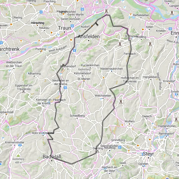 Miniaturní mapa "Cyklistický výlet kolem Schlöss Sierning a Neuhofen an der Krems" inspirace pro cyklisty v oblasti Oberösterreich, Austria. Vytvořeno pomocí plánovače tras Tarmacs.app