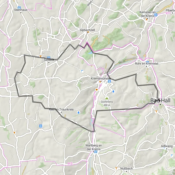 Miniaturní mapa "Pitoreskní cyklotrasa kolem Bad Hall: Bad Hall Busterminal (FMZ/B122)" inspirace pro cyklisty v oblasti Oberösterreich, Austria. Vytvořeno pomocí plánovače tras Tarmacs.app