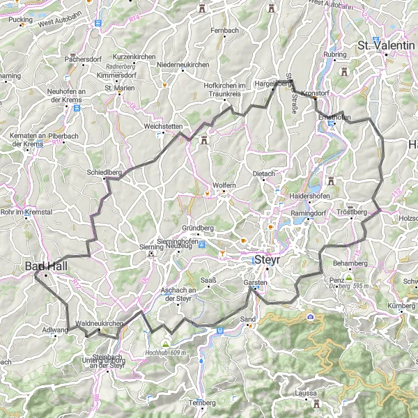 Miniaturní mapa "Výzva pro cyklisty kolem Bad Hall: Schloss Mühlgrub" inspirace pro cyklisty v oblasti Oberösterreich, Austria. Vytvořeno pomocí plánovače tras Tarmacs.app