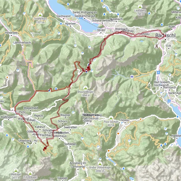 Miniatua del mapa de inspiración ciclista "Ruta de Grava desde Bad Ischl al Siriuskogl" en Oberösterreich, Austria. Generado por Tarmacs.app planificador de rutas ciclistas