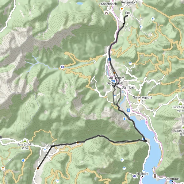 Map miniature of "Road Adventure: Goisern Jodschwefelbad Bahnhst Loop" cycling inspiration in Oberösterreich, Austria. Generated by Tarmacs.app cycling route planner