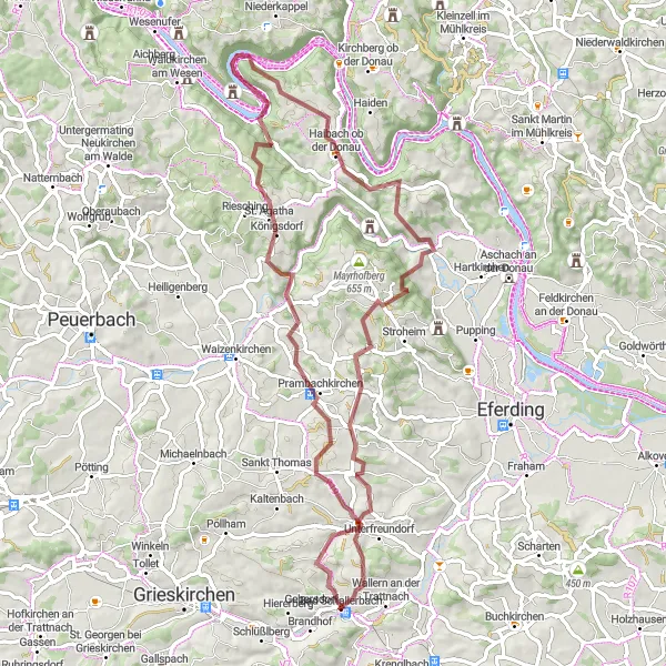 Miniatua del mapa de inspiración ciclista "Ruta de Grava a Sankt Marienkirchen" en Oberösterreich, Austria. Generado por Tarmacs.app planificador de rutas ciclistas