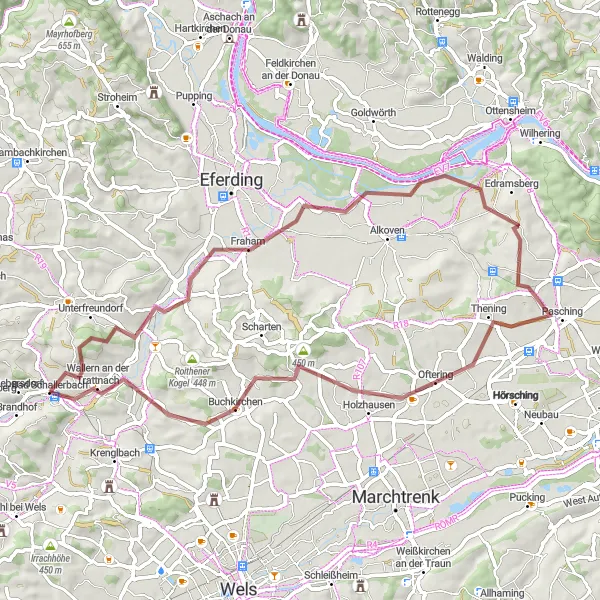 Zemljevid v pomanjšavi "Pustolovska kolesarska avantura po mešanih terenih" kolesarske inspiracije v Oberösterreich, Austria. Generirano z načrtovalcem kolesarskih poti Tarmacs.app