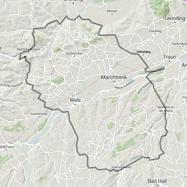 Miniatura della mappa di ispirazione al ciclismo "Avventura ciclistica tra le colline di Oberösterreich" nella regione di Oberösterreich, Austria. Generata da Tarmacs.app, pianificatore di rotte ciclistiche