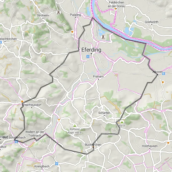 Mapa miniatúra "Jazda cez Hinzenbach a Buchkirchen" cyklistická inšpirácia v Oberösterreich, Austria. Vygenerované cyklistickým plánovačom trás Tarmacs.app