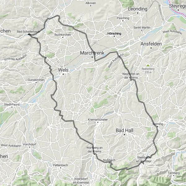 Zemljevid v pomanjšavi "Cikeljska pot Wallern an der Trattnach" kolesarske inspiracije v Oberösterreich, Austria. Generirano z načrtovalcem kolesarskih poti Tarmacs.app