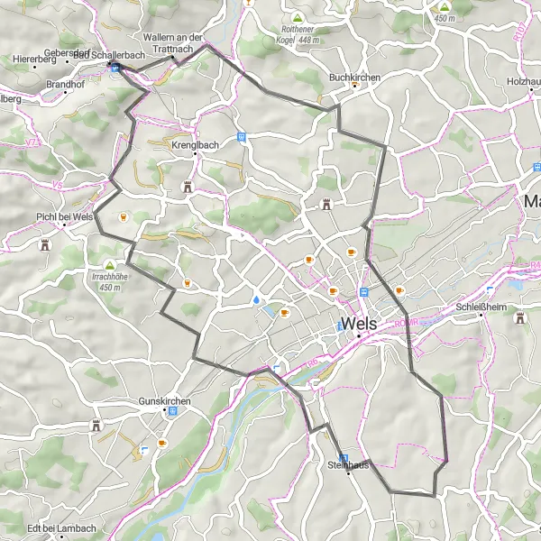 Karttaminiaatyyri "Muinaisia linnoituksia ja kauniita kyliä" pyöräilyinspiraatiosta alueella Oberösterreich, Austria. Luotu Tarmacs.app pyöräilyreittisuunnittelijalla