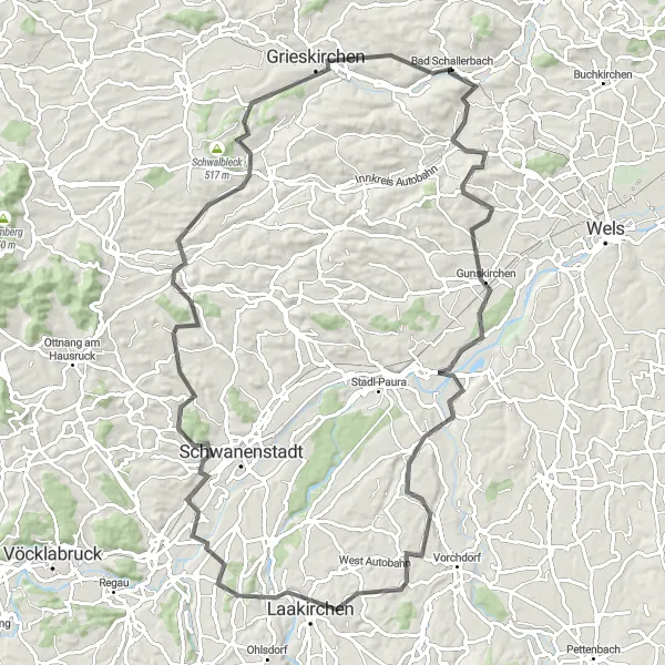 Zemljevid v pomanjšavi "Panoramska pot okoli Bad Schallerbacha" kolesarske inspiracije v Oberösterreich, Austria. Generirano z načrtovalcem kolesarskih poti Tarmacs.app