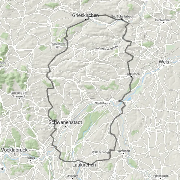 Miniaturekort af cykelinspirationen "Scenic Road Cycling near Bad Schallerbach" i Oberösterreich, Austria. Genereret af Tarmacs.app cykelruteplanlægger