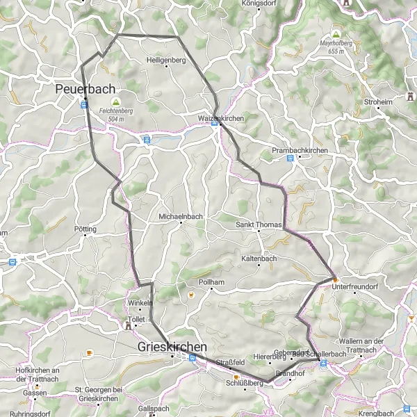 Miniatua del mapa de inspiración ciclista "Ruta de ciclismo de carretera Grieskirchen-Peuerbach-Waizenkirchen-Sankt Marienkirchen-Magdalenaberg" en Oberösterreich, Austria. Generado por Tarmacs.app planificador de rutas ciclistas