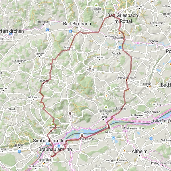 Miniatura della mappa di ispirazione al ciclismo "Tra borghi rurali, boschi e piccoli monti in gravel" nella regione di Oberösterreich, Austria. Generata da Tarmacs.app, pianificatore di rotte ciclistiche