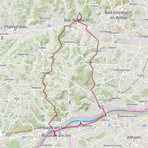 Map miniature of "Simbach Challenge" cycling inspiration in Oberösterreich, Austria. Generated by Tarmacs.app cycling route planner