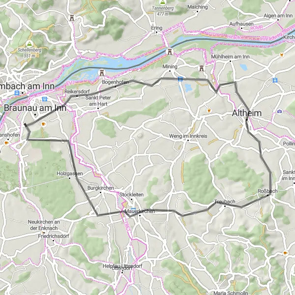 Map miniature of "Mauerkirchen Road Loop" cycling inspiration in Oberösterreich, Austria. Generated by Tarmacs.app cycling route planner