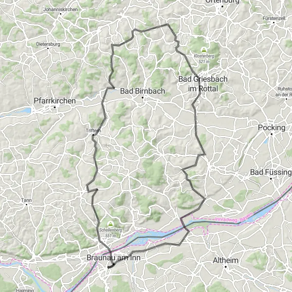 Miniatura della mappa di ispirazione al ciclismo "Road Route da Simbach am Inn a Sankt Peter am Hart" nella regione di Oberösterreich, Austria. Generata da Tarmacs.app, pianificatore di rotte ciclistiche