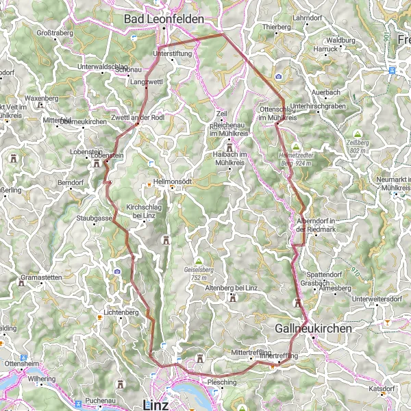 Miniatura della mappa di ispirazione al ciclismo "Giro Gravel verso Oberstiftung" nella regione di Oberösterreich, Austria. Generata da Tarmacs.app, pianificatore di rotte ciclistiche