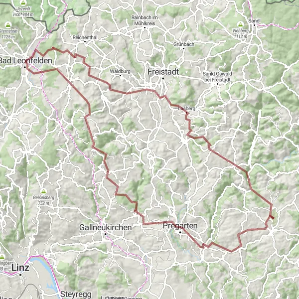 Karttaminiaatyyri "Kohtaloa ja korkeuksia Bad Leonfeldenin ympäristössä" pyöräilyinspiraatiosta alueella Oberösterreich, Austria. Luotu Tarmacs.app pyöräilyreittisuunnittelijalla