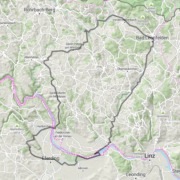 Miniatua del mapa de inspiración ciclista "Exploración por Ottensheim y Eferding" en Oberösterreich, Austria. Generado por Tarmacs.app planificador de rutas ciclistas