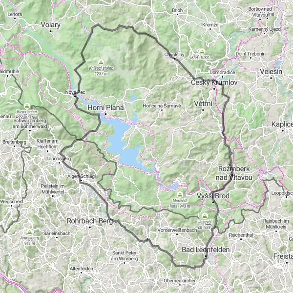 Mapa miniatúra "Road Trip to Český Krumlov" cyklistická inšpirácia v Oberösterreich, Austria. Vygenerované cyklistickým plánovačom trás Tarmacs.app