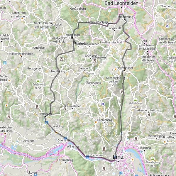 Miniatua del mapa de inspiración ciclista "Aventura en Carretera de Hellmonsödt a Oberstiftung" en Oberösterreich, Austria. Generado por Tarmacs.app planificador de rutas ciclistas