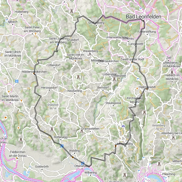 Miniatua del mapa de inspiración ciclista "Ruta de ciclismo de carretera alrededor de Burgfried" en Oberösterreich, Austria. Generado por Tarmacs.app planificador de rutas ciclistas